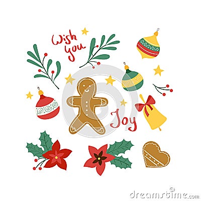 Christmass set of stickers patch, omela, jingle bell and cookies Vector Illustration