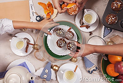 Christmass time tea party with homemade muffins Stock Photo