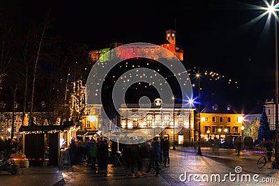 Christmassy castle from the square. Editorial Stock Photo