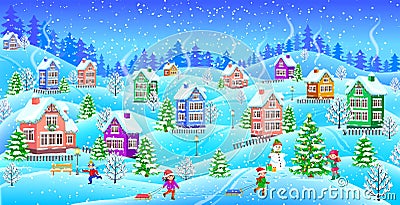 Winter landscape with snowcovered houses children snowman Vector Illustration