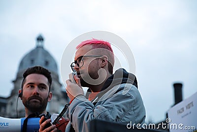 Christopher Wylie, a former director of research at Cambridge Analytica, addresses the crowd at the Fair Vote rally Editorial Stock Photo