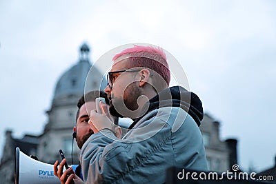 Christopher Wylie, a former director of research at Cambridge Analytica, addresses the crowd at the Fair Vote rally Editorial Stock Photo