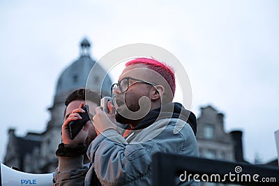 Christopher Wylie, a former director of research at Cambridge Analytica, addresses the crowd at the Fair Vote rally Editorial Stock Photo