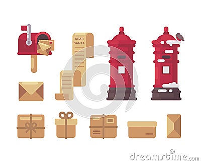 Christmas mail item collection. Letters to Santa, mailboxes, parcels Vector Illustration