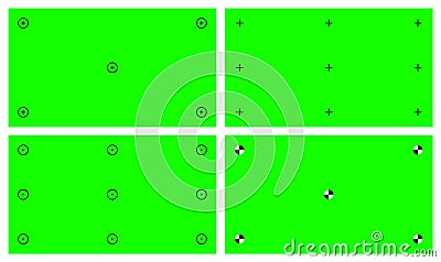 Chroma key, blank green background with motion tracking points. Visual effects compositing. Screen backdrop template Vector Illustration