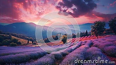 Chromatic Canvas: Vibrant Lavender Fields Embrace the Night Stock Photo