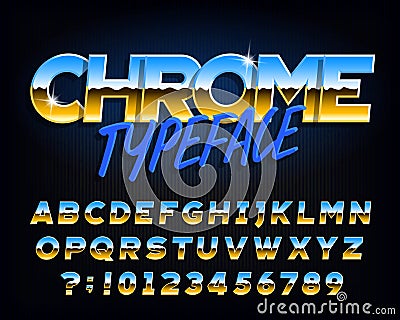 Chrome alphabet font. Chrome effect letters and numbers on dark background. Vector Illustration