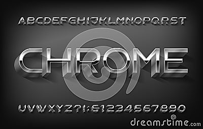 Chrome alphabet font. 3D thin metallic letters and numbers with shadow. Vector Illustration