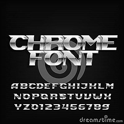 Chrome alphabet font. Metallic effect italic letters and numbers on a dark background. Vector Illustration