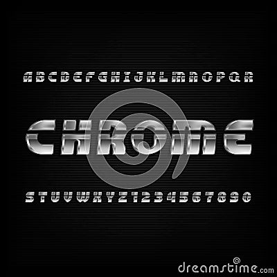 Chrome alphabet font. Metallic effect oblique letters and numbers on a dark background. Vector Illustration