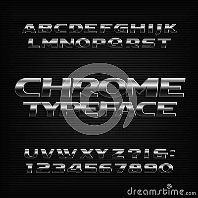 Chrome alphabet font. Metallic effect oblique letters, numbers and symbols. Vector Illustration