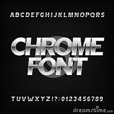 Chrome alphabet font. Metallic effect sans serif letters and numbers on a dark background. Vector Illustration