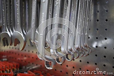 Chrome colored brand new ratchet wrench keys Stock Photo