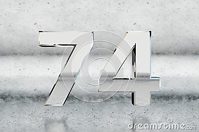 Chrome 3d number 74. Glossy chrome number on scratched metal background. 3d render Stock Photo