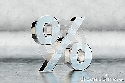 Chrome 3d percent symbol. Glossy chrome sign on scratched metal background. 3d rendered font character. Stock Photo