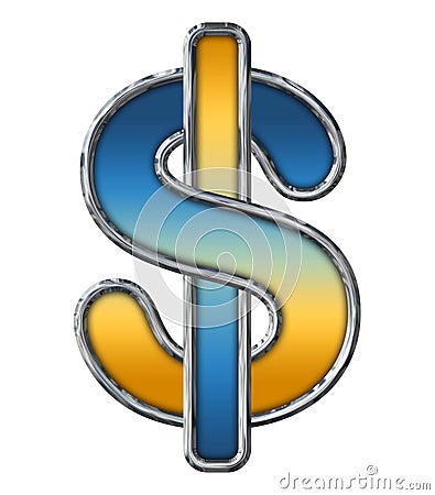 Chrome Dollar Sign w Blue to orange gradient on white Stock Photo