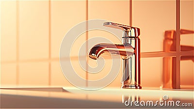 chrome faucet in a warm color ceramic washbasin. Stock Photo