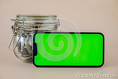Chrome key smartphone screen mock up template in horizontal position on beige background. Copy space App website Stock Photo