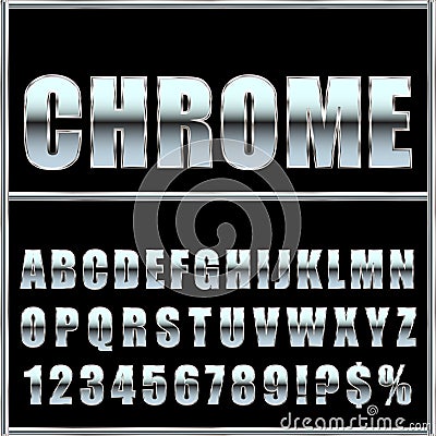 Chrome metal font and symbols for design. Vector Illustration