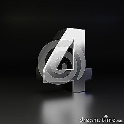 Chrome number 4. 3D render shiny metal font isolated on black background Stock Photo