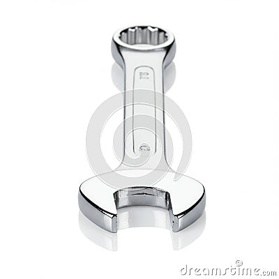 Chrome-plated combination wrench with open-end and box-end heads. The open Stock Photo