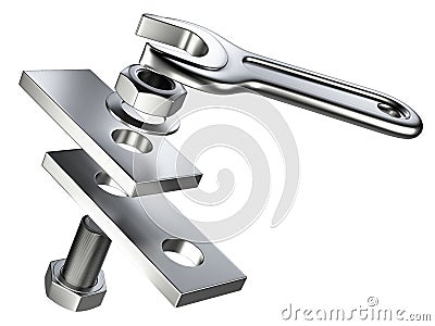 Chrome spanner, nut and bolt Stock Photo