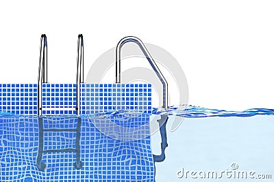 Chrome Swimming Pool Ladders in Water. 3d Rendering Stock Photo