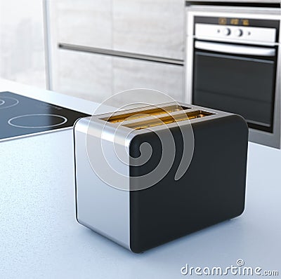 Chrome toaster on the table. 3d rendering Stock Photo
