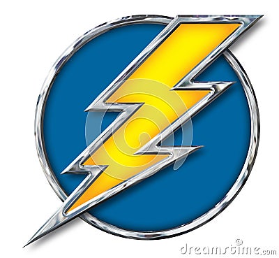 Chrome Yellow Lightning Bolt in Blue Circle on white Stock Photo