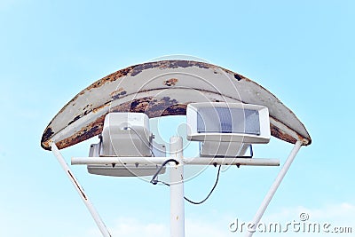 Chromed loudspeakers with sky background Stock Photo