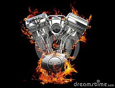 Chromed motorcycle engine on fire Stock Photo