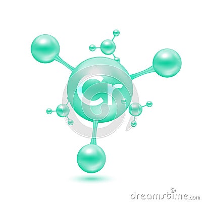 Chromium mineral in the form of atoms molecules green glossy. Chromium icon 3D isolated on white background. Minerals vitamins Vector Illustration