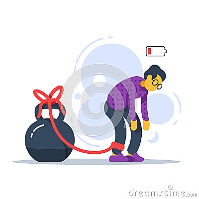 Chronic tired old woman with crooked back, heavy legs, difficult walking, feeling weak, low energy, physical fatigue Vector Illustration