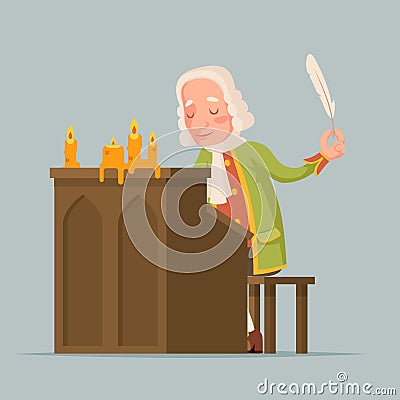 Chronicler noble writer scribe playwright medieval aristocrat periwig pen music stand scroll candles mascot cartoon Vector Illustration