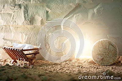 Chronology of Jesus life. Christian Christmas and Easter concept. Born to Die, Born to Rise. Wooden manger and empty Stock Photo