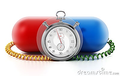 Chronometer attached to red and blue capsule pill. 3D illustration Cartoon Illustration