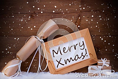 Chrsitmas Gifts With Text Merry Xmas, Snow, Snowflakes Stock Photo