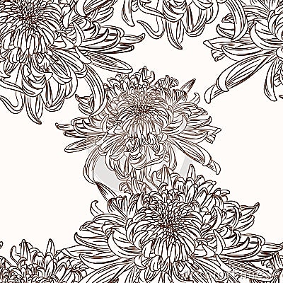 Chrysanthemum flower brown sepia outline seamless pattern on beige background. Cartoon Illustration