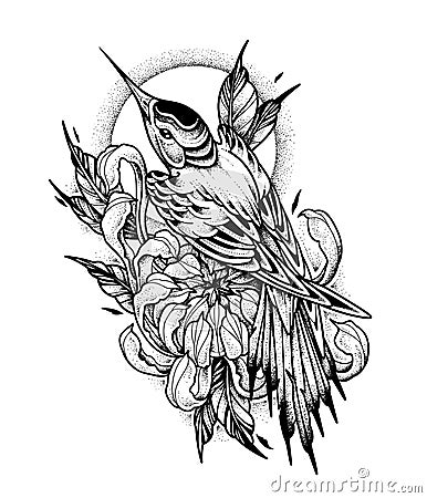 Chrysanthemum and Hummingbird tattoo. Dot work, psychedelic, zentangle style. vector illustration Vector Illustration