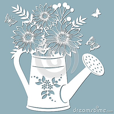 Chrysanthemum in a jar of water. watering can. Vector illustration. Paper flower, stickers. Laser cut. Template for Plotter. Vector Illustration