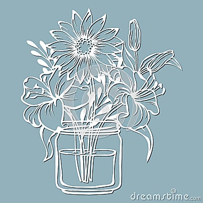 Chrysanthemum and Lily in a jar of water. Vector illustration. Paper flower, stickers. Laser cut. Template for Plotter. Pattern Vector Illustration