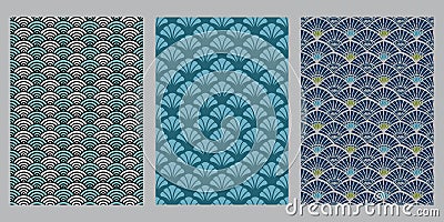 Japanese ocean wave, sea shell, vintage fan abstract background Vector Illustration
