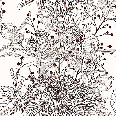 Chrysanthemum and peony flower brown sepia outline seamless pattern on beige background. Vector Illustration