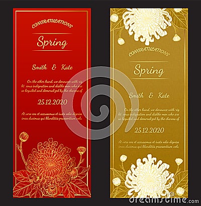Chrysanthemum vintage card on red background. Vector Illustration