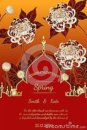 Chrysanthemum vintage card on red background Vector Illustration