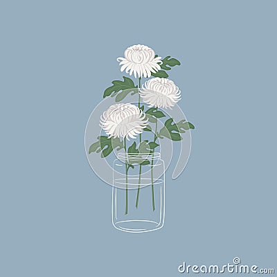 Chrysanthemums in a glass vase. White flowers with leaves. Autumn flowers Vector Illustration
