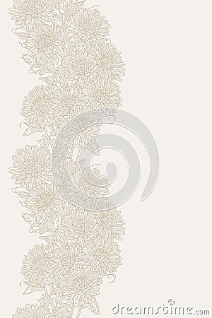 Chrysanthemums seamless border design, light beige, hand drawn vertical motiv Vector Illustration