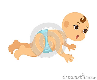 Chubby baby boy crawls around with wide open eyes Vector Illustration