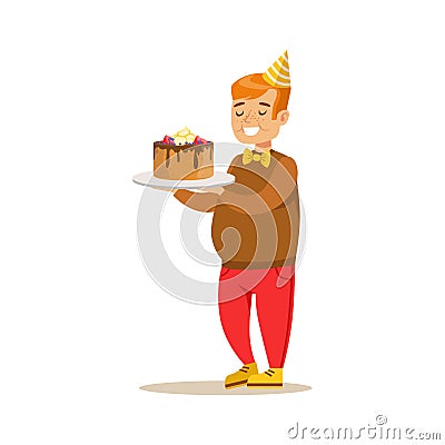 Chubby Boy With Big Cake, Kids Birthday Party Scene With Cartoon Smiling Character Vector Illustration