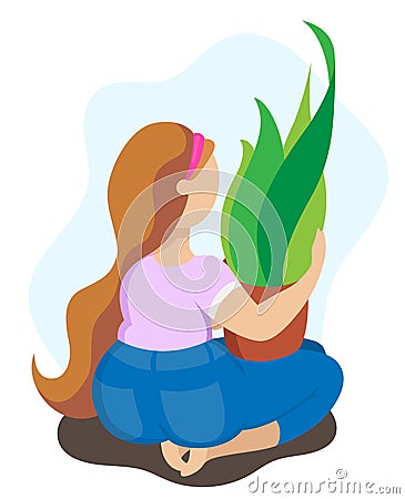 Chubby girl holding a pot of flowers Vector Illustration